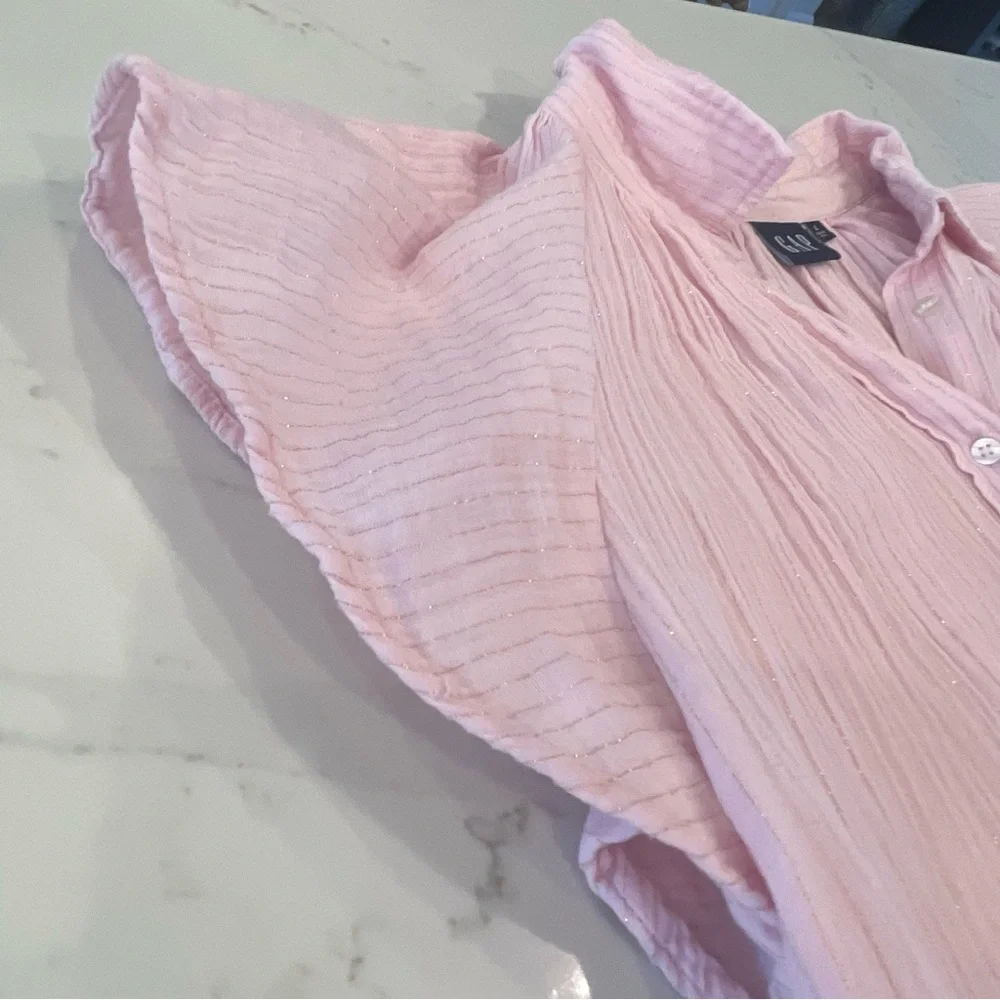 GAP Women’s Pink Button-Up Blouse with Ruffle Sleeves - Picture 5 of 15
